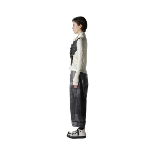 Rib/Denim Combination High Neck T With Gathers