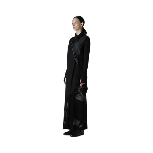 Rib/Denim Combination Long T With Gathers