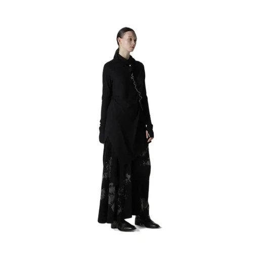 Rib/Denim Combination Long T With Gathers