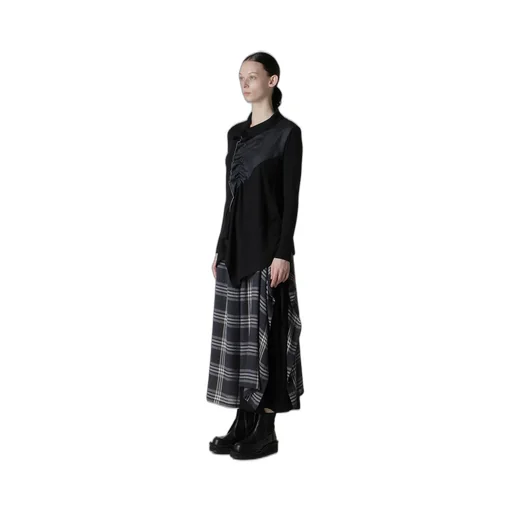 Rib/Denim Combination Flare T With Gathers