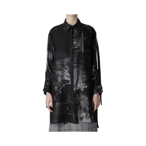 Cupro Blurry Flower Print Long Sleeve Blouse