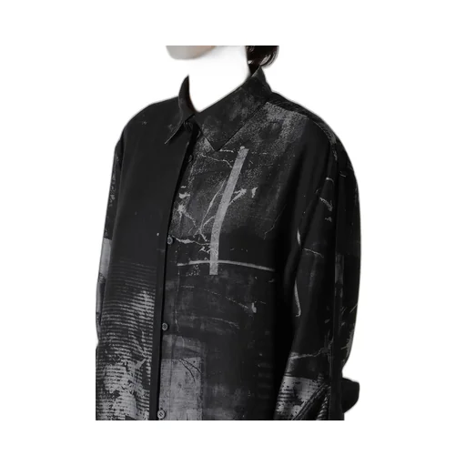 Cupro Blurry Flower Print Long Sleeve Blouse