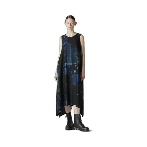Cupro Blurry Flower Print Belt Tent Dress