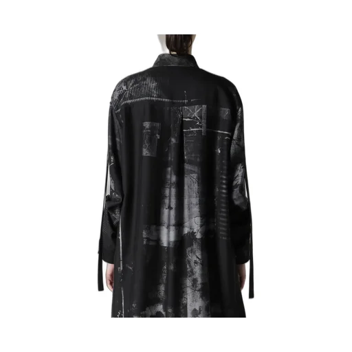 Cupro Blurry Flower Print Long Sleeve Blouse