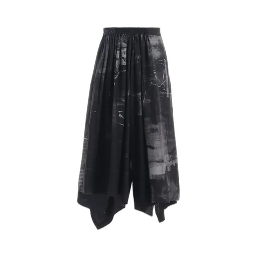 Cupro Blurry Flower Print Right-Side Gatehred Pants