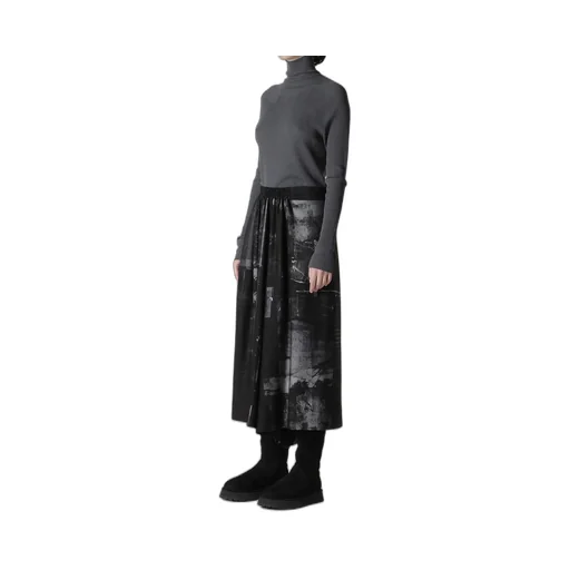Cupro Blurry Flower Print Right-Side Gatehred Pants