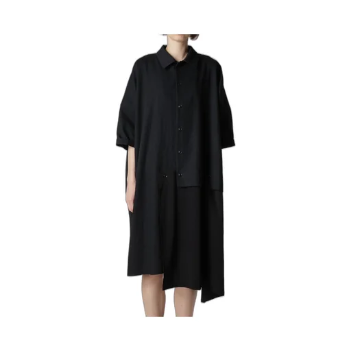 Crepe De Chine/6Oz Denim Asymmetric Half Sleeve Dress