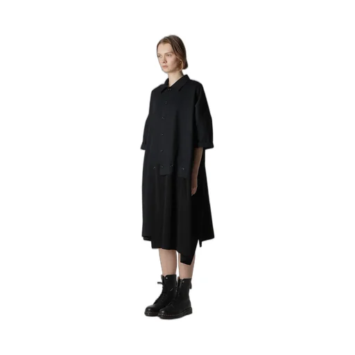 Crepe De Chine/6Oz Denim Asymmetric Half Sleeve Dress