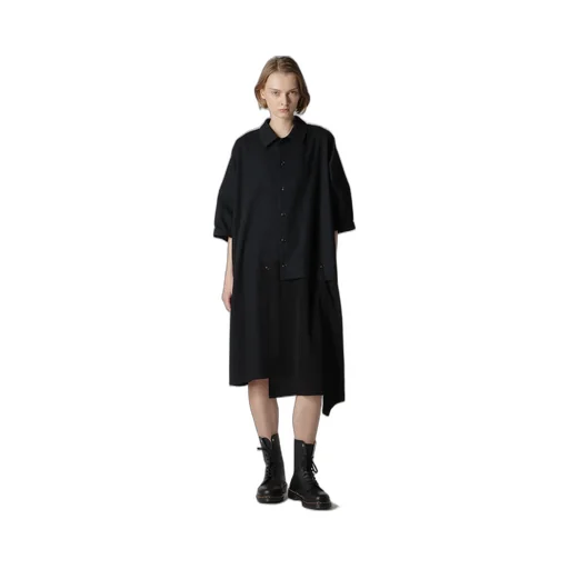 Crepe De Chine/6Oz Denim Asymmetric Half Sleeve Dress