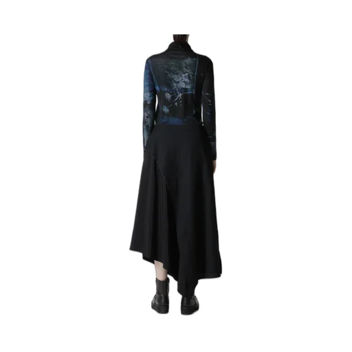 Crepe De Chine/6Oz Denim Left Flare Skirt