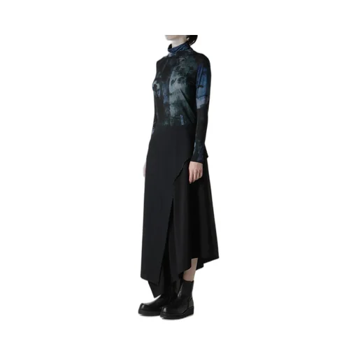 Crepe De Chine/6Oz Denim Left Flare Skirt