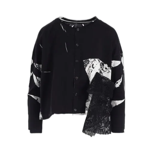Cotton Lace/Print Side Pocket Cropped Cardigan