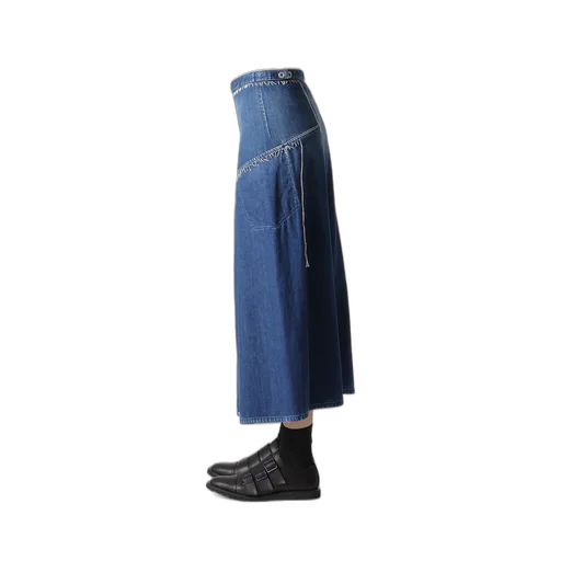 Spotted Denim Flare Skirt With Gusset
