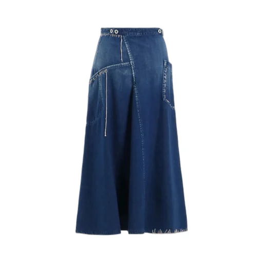 Spotted Denim Flare Skirt With Gusset