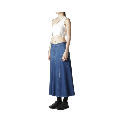 Spotted Denim Flare Skirt With Gusset