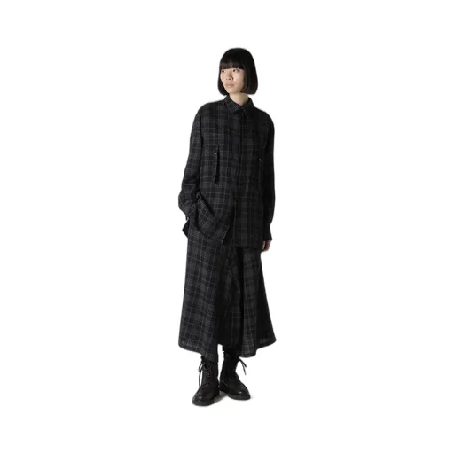 W/ Check Red Stitch Back Tucked Open Tab Blouse