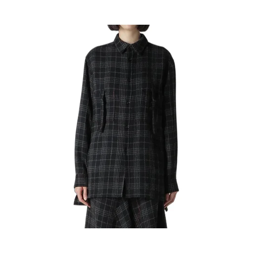 W/ Check Red Stitch Back Tucked Open Tab Blouse