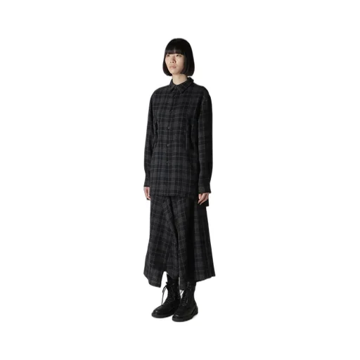 W/ Check Red Stitch Back Tucked Open Tab Blouse