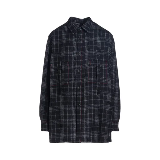 W/ Check Red Stitch Back Tucked Open Tab Blouse