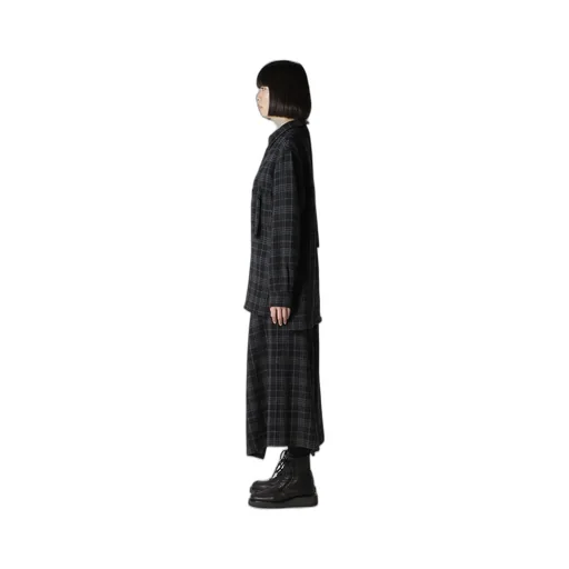 W/ Check Red Stitch Back Tucked Open Tab Blouse