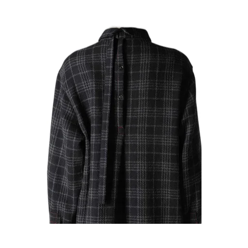 W/ Check Red Stitch Back Tucked Open Tab Blouse