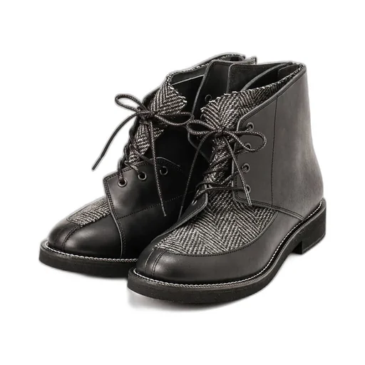 Smooth Leather/Wool Herringbone Combi Lace-Up Boots