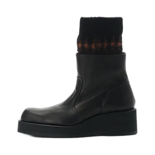 Jacquard Knit Leather Combi Nordic Knitted Boots