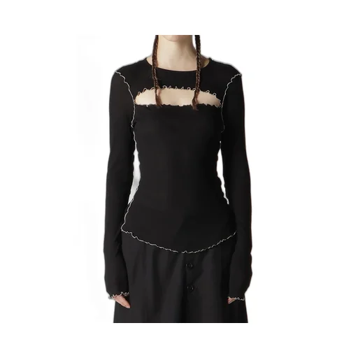 Rib Stitch Slit Chest Long Sleeve T-Shirt