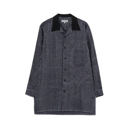 Stripe Open Collar Blouse With Different Fabric