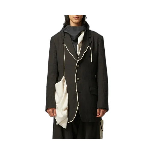 Ink Bkack Flax Wool Cloth N-Left Side Draped Jkt