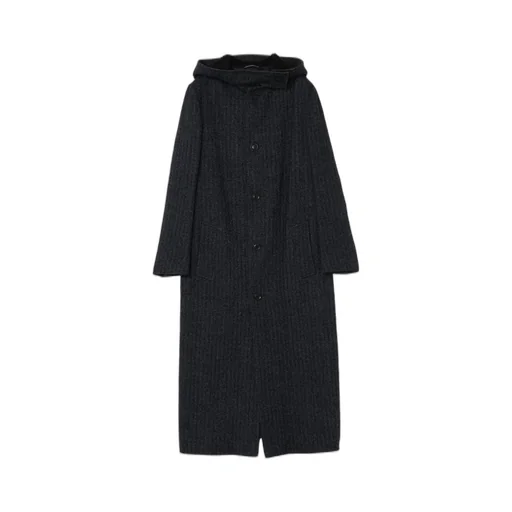 Linen/Wool Raised Herringbone Long Coat With Hoodie