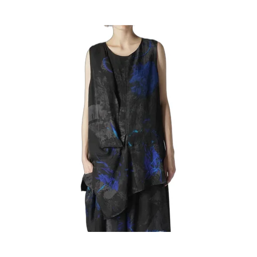 Cupro Twill Ethnic Flower Print Draped Blouse