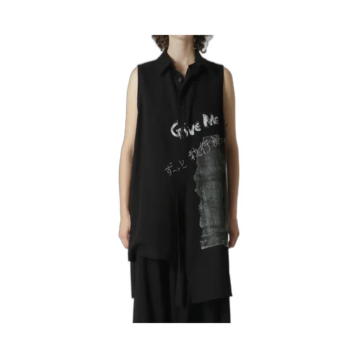 Cotton Linen Gabardine Print Bonding Asymmetry Sleeveless Blouse