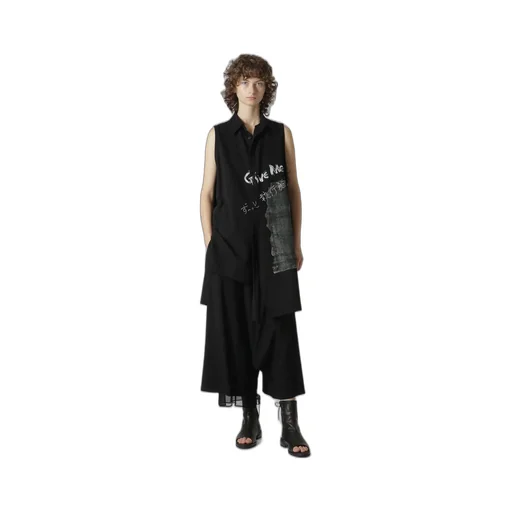 Cotton Linen Gabardine Print Bonding Asymmetry Sleeveless Blouse