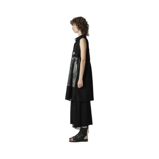 Cotton Linen Gabardine Print Bonding Asymmetry Sleeveless Blouse