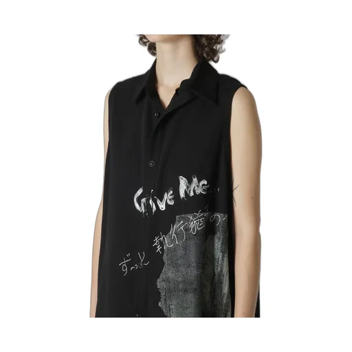 Cotton Linen Gabardine Print Bonding Asymmetry Sleeveless Blouse