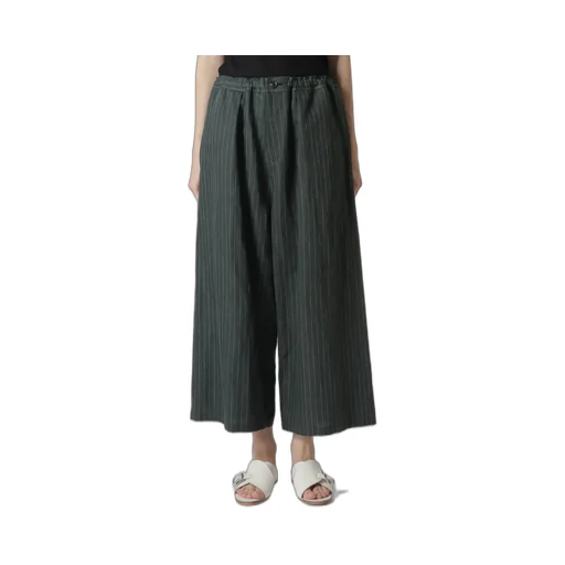 Linen Cotton Pin-Striped Uneven Dyeing Front Tuck Wide Pants