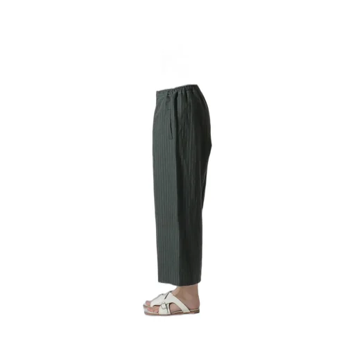 Linen Cotton Pin-Striped Uneven Dyeing Front Tuck Wide Pants
