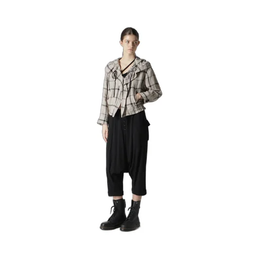 Linen/Nylon Plaid Gathered Blouse