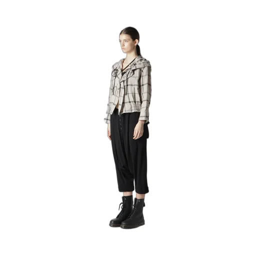 Linen/Nylon Plaid Gathered Blouse