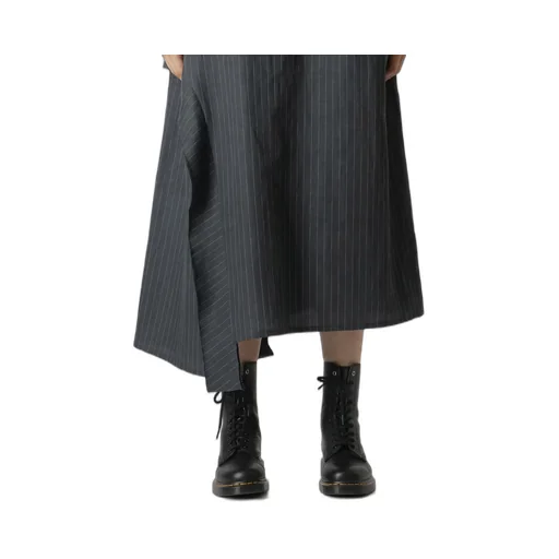 Linen Cotton Pin-Striped Uneven Dyeing Panelled Flare Skirt