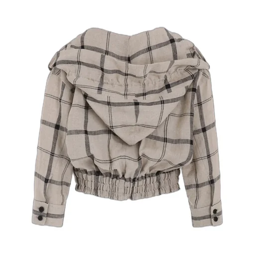 Linen/Nylon Plaid Gathered Blouse