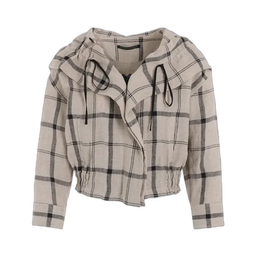 Linen/Nylon Plaid Gathered Blouse