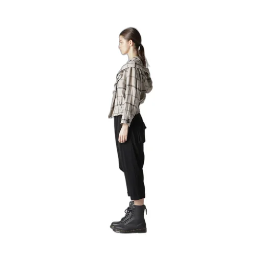 Linen/Nylon Plaid Gathered Blouse