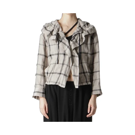 Linen/Nylon Plaid Gathered Blouse