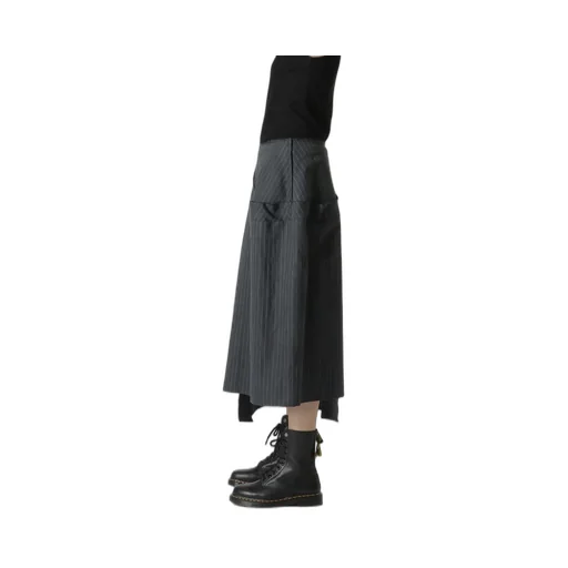 Linen Cotton Pin-Striped Uneven Dyeing Panelled Flare Skirt