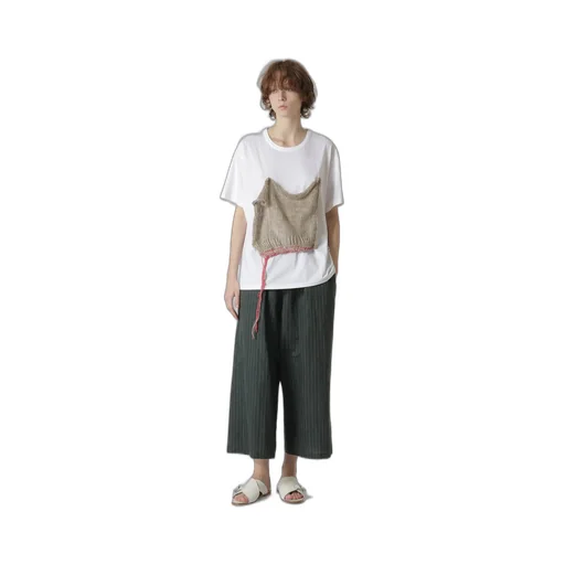 Linen Cotton Pin-Striped Uneven Dyeing Front Tuck Wide Pants