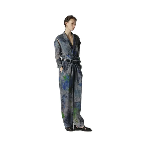 Linen Lawn Paint Print High Waist Pleated Pants