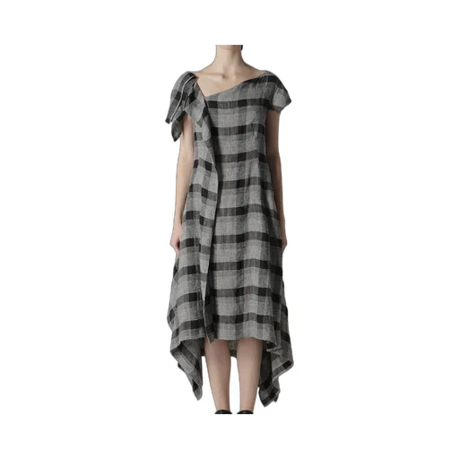 Linen/Silk Plaid Handkerchief Hem Dress