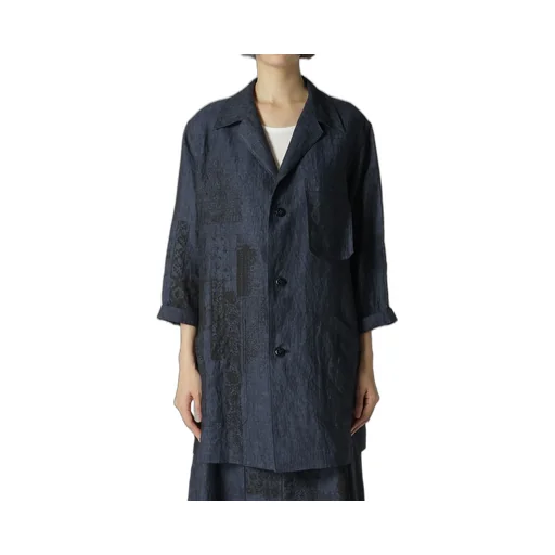 Linen Chambray Ethnic Patchwork Print 3/4 Work Jacket
